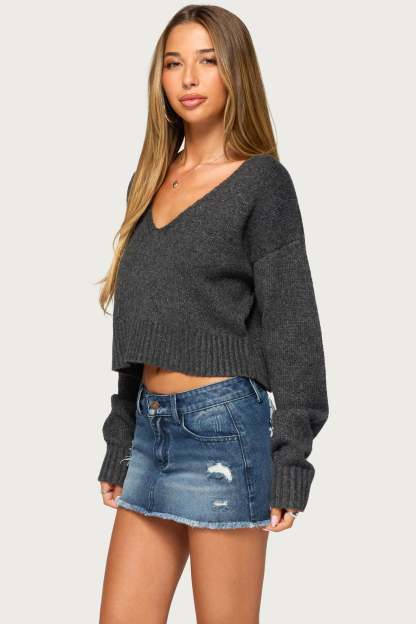 Sandi V Neck Knit Sweater - DARK-GRAY