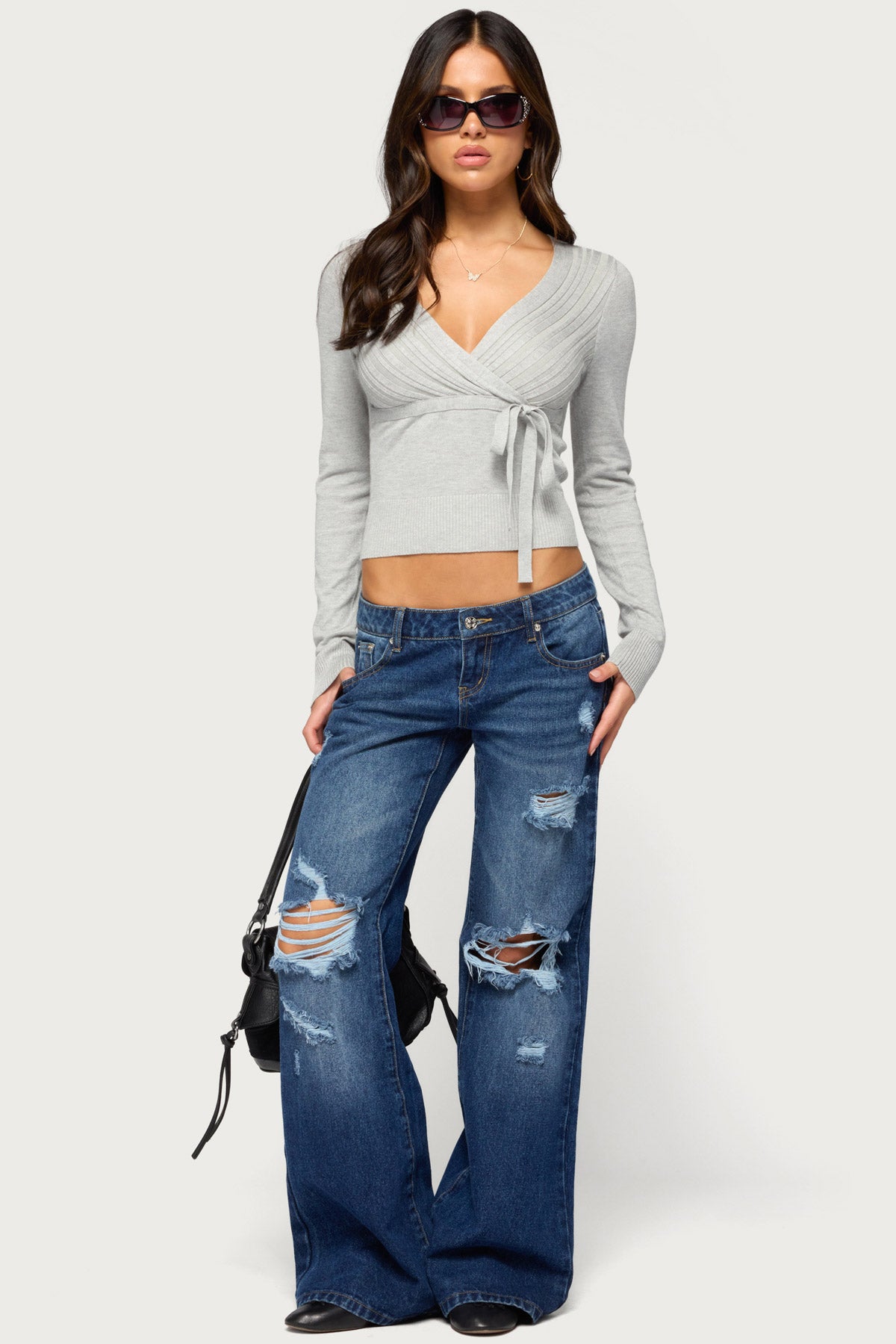 Tarlee Long Sleeve Wrap Top - LIGHT-GRAY-MELANGE
