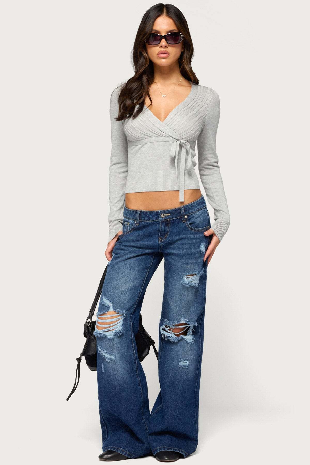 Tarlee Long Sleeve Wrap Top - LIGHT-GRAY-MELANGE