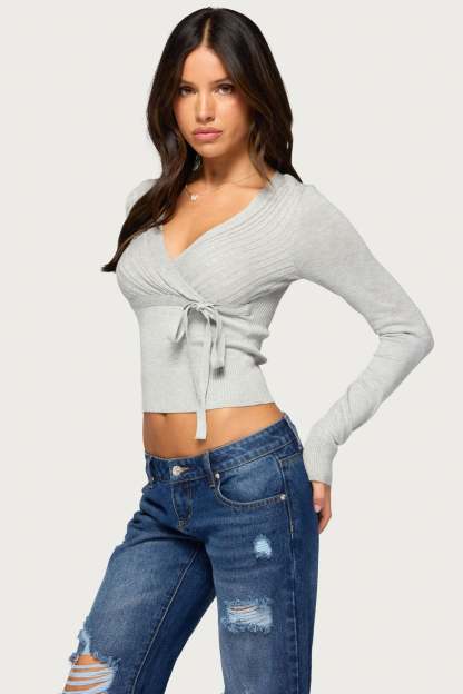 Tarlee Long Sleeve Wrap Top - LIGHT-GRAY-MELANGE