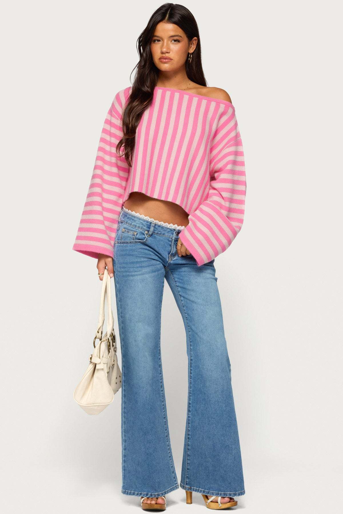 Jacey Off Shoulder Striped Sweater - PINK