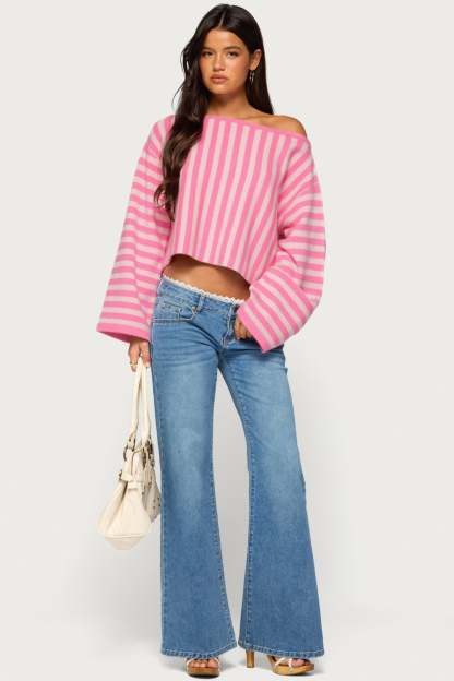 Jacey Off Shoulder Striped Sweater - PINK