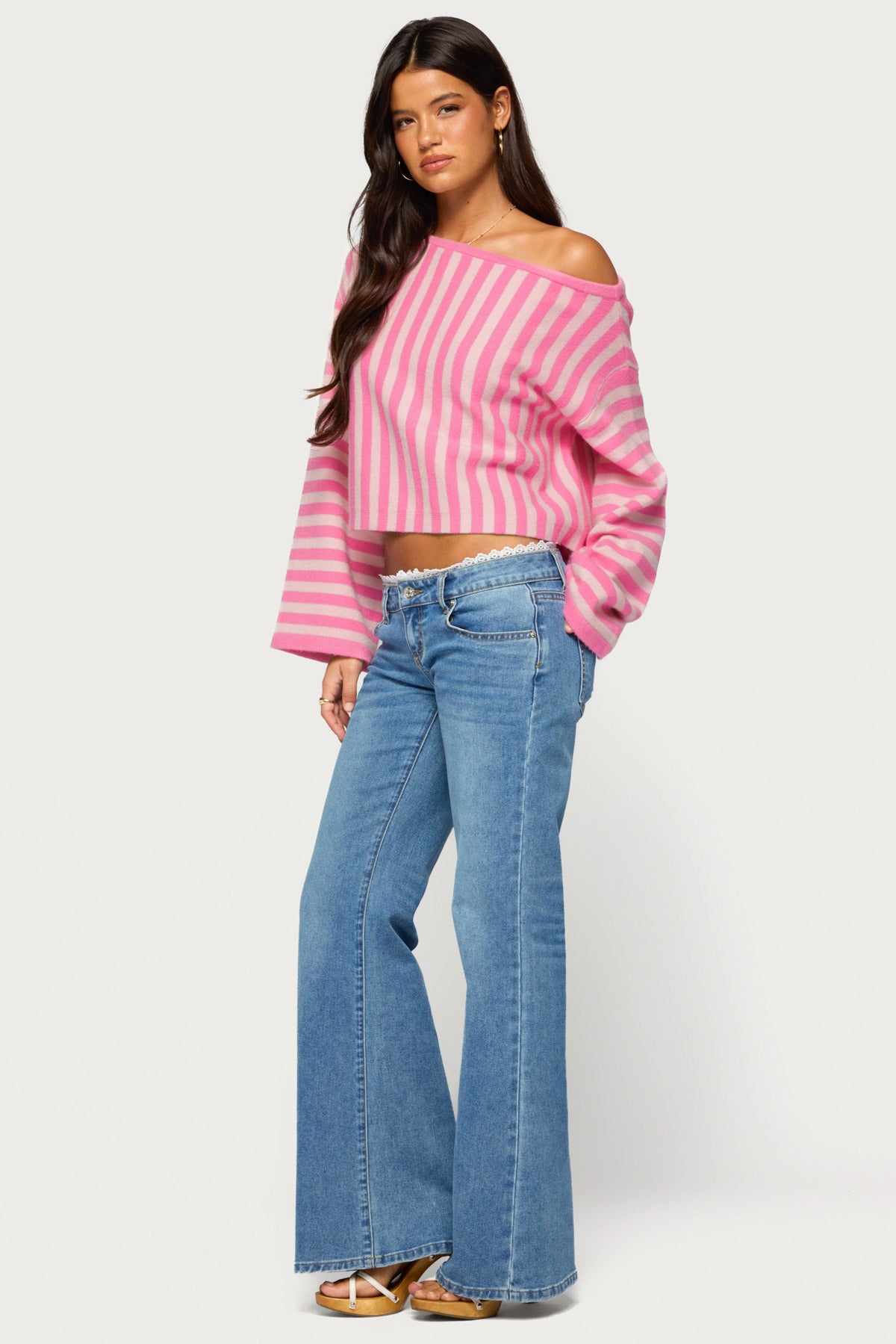 Jacey Off Shoulder Striped Sweater - PINK