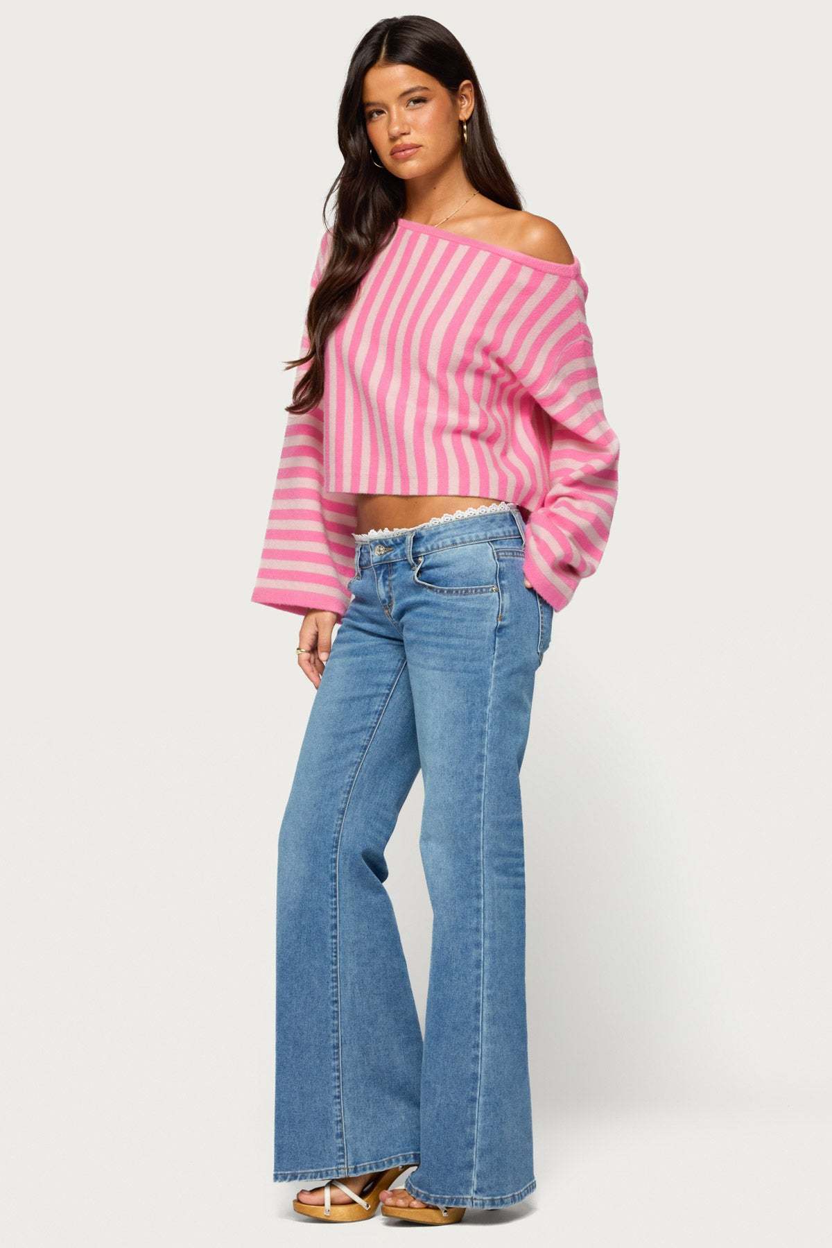 Jacey Off Shoulder Striped Sweater - PINK