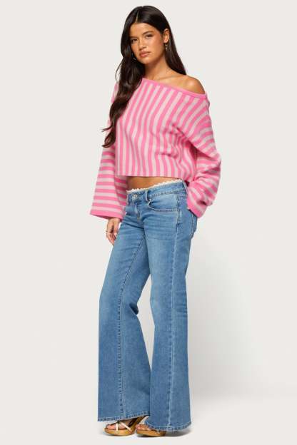 Jacey Off Shoulder Striped Sweater - PINK
