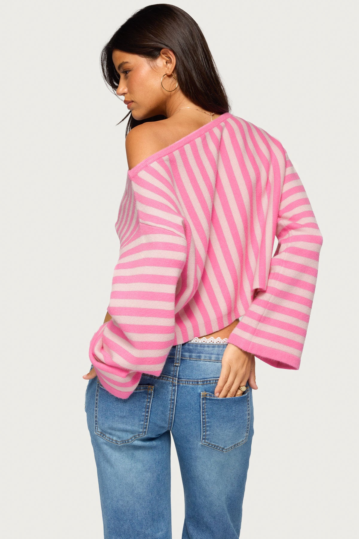 Jacey Off Shoulder Striped Sweater - PINK