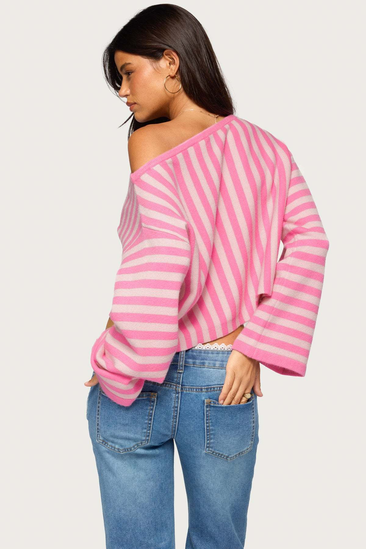 Jacey Off Shoulder Striped Sweater - PINK