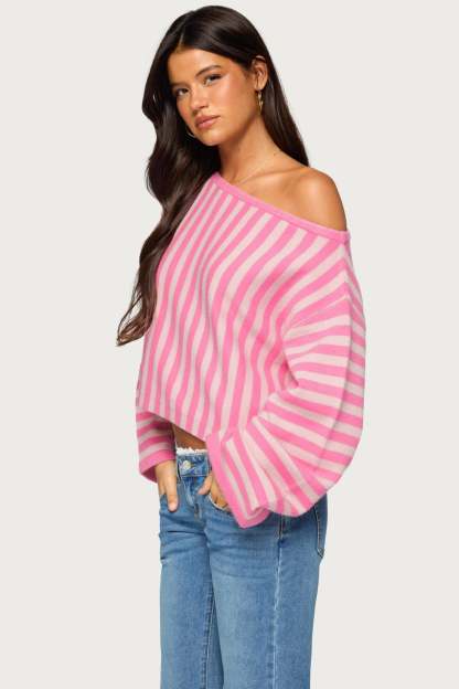 Jacey Off Shoulder Striped Sweater - PINK