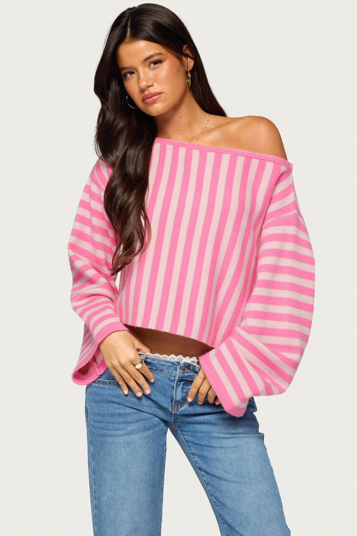 Jacey Off Shoulder Striped Sweater - PINK