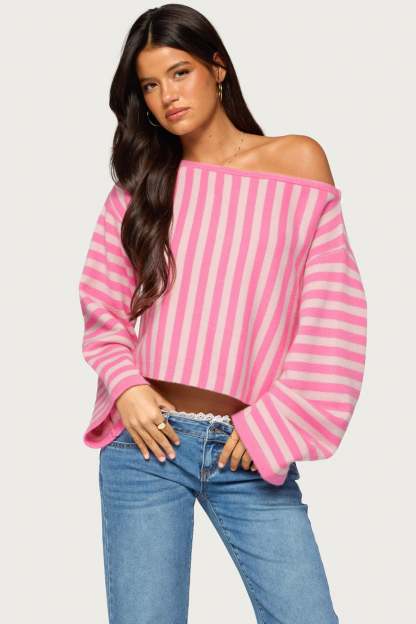 Jacey Off Shoulder Striped Sweater - PINK