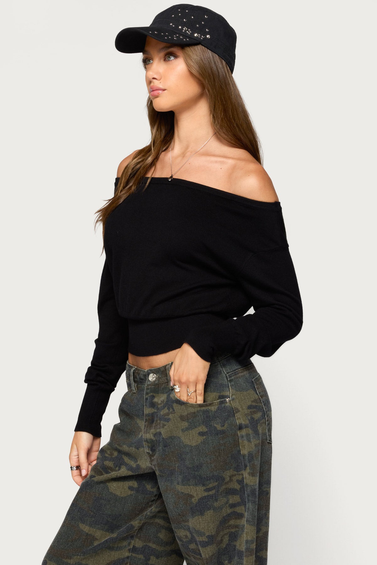 Bekky Off Shoulder Knit Sweater - BLACK