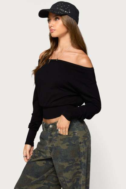 Bekky Off Shoulder Knit Sweater - BLACK