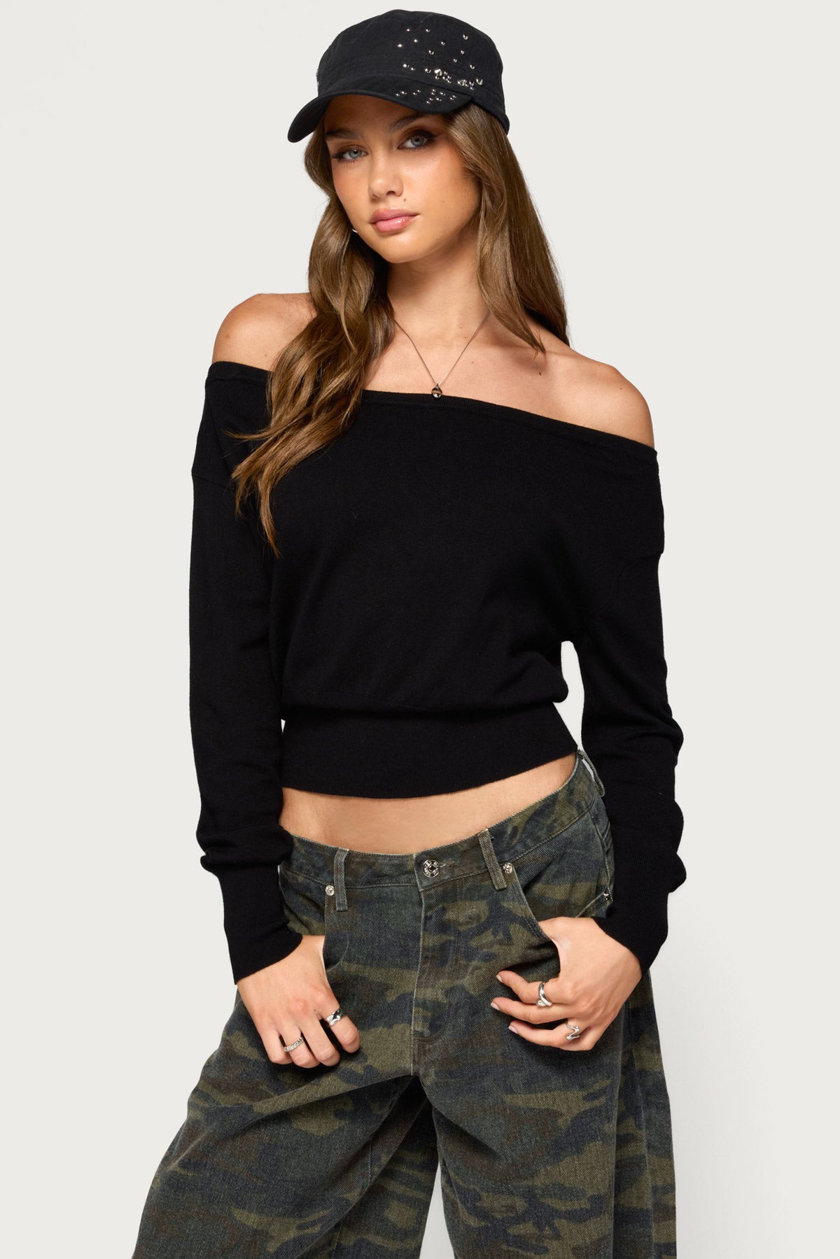 Bekky Off Shoulder Knit Sweater - BLACK