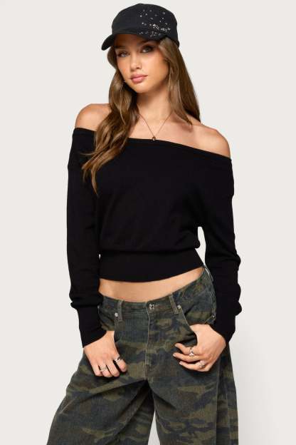 Bekky Off Shoulder Knit Sweater - BLACK