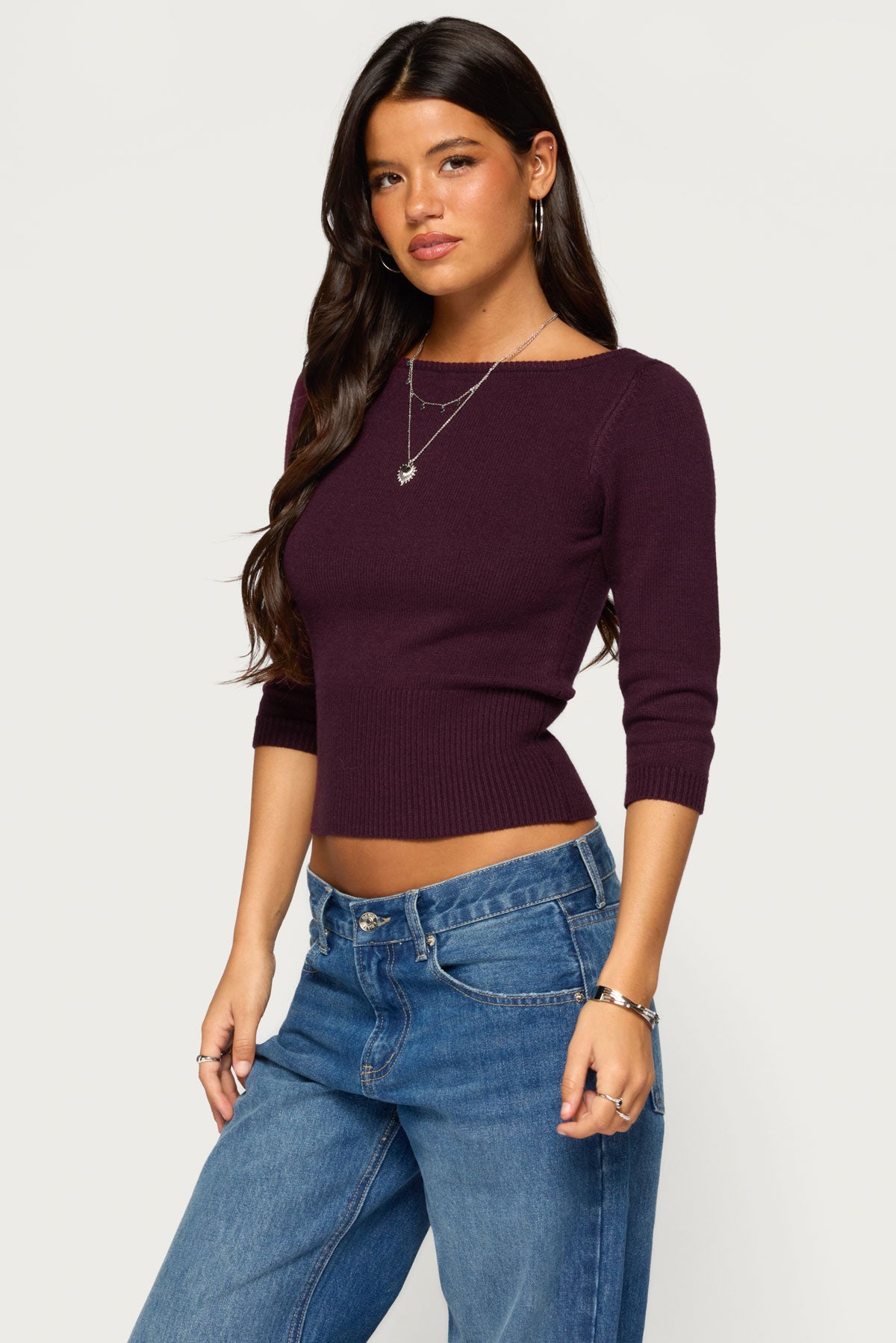 Zoelle Three-Quarter Sleeve Sweater - PURPLE