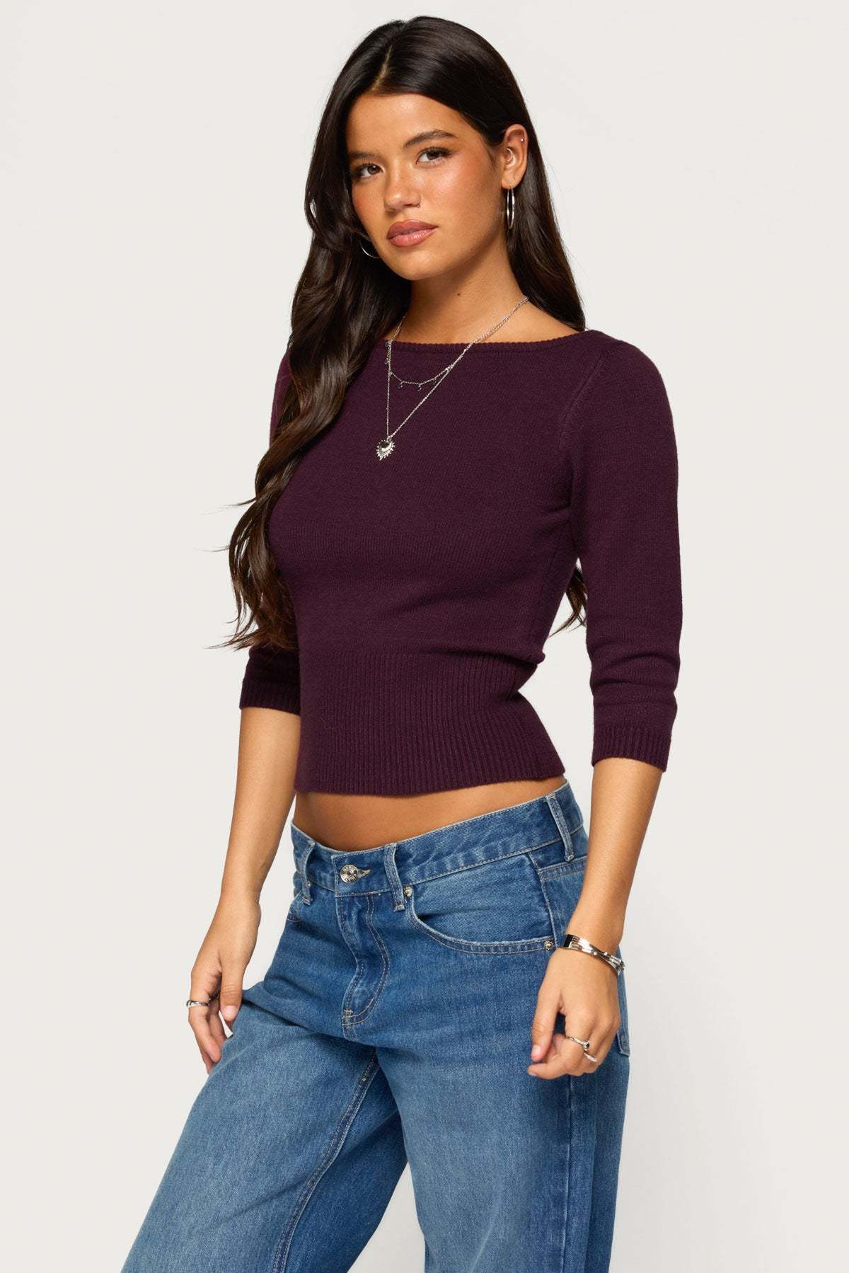 Zoelle Three-Quarter Sleeve Sweater - PURPLE