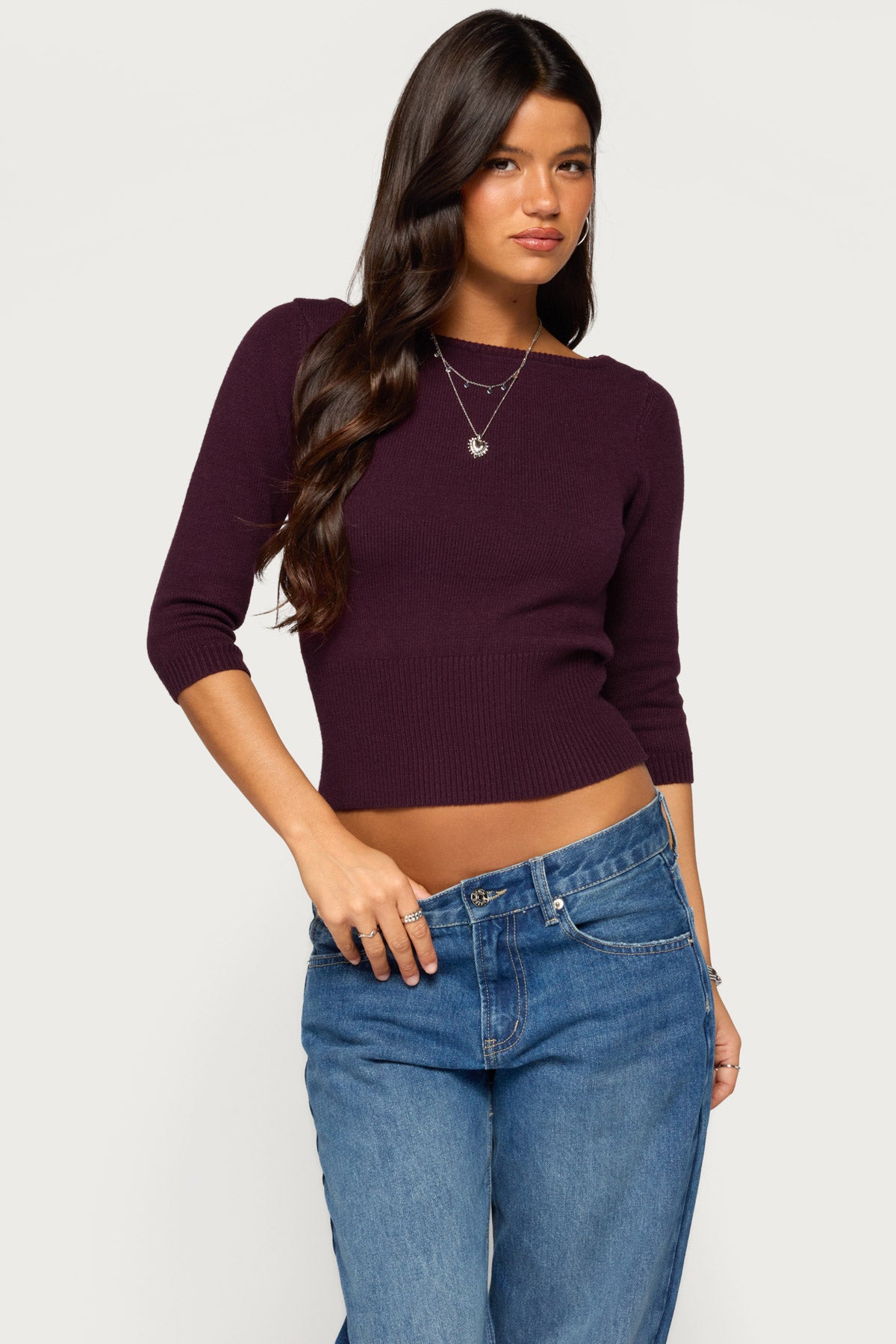 Zoelle Three-Quarter Sleeve Sweater - PURPLE