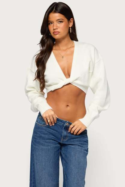 Lorrie Twist Front Cropped Knit Sweater - WHITE