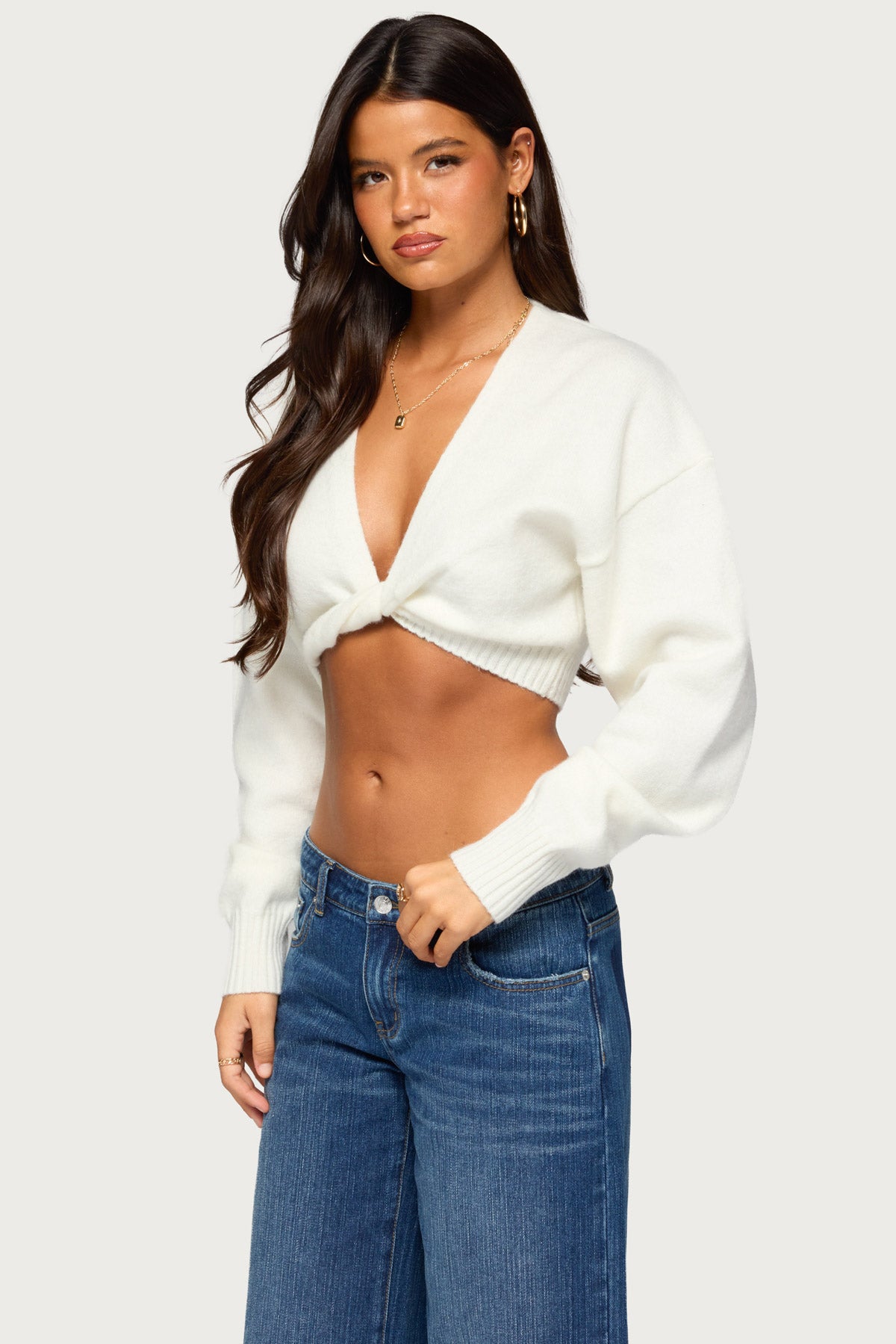 Lorrie Twist Front Cropped Knit Sweater - WHITE
