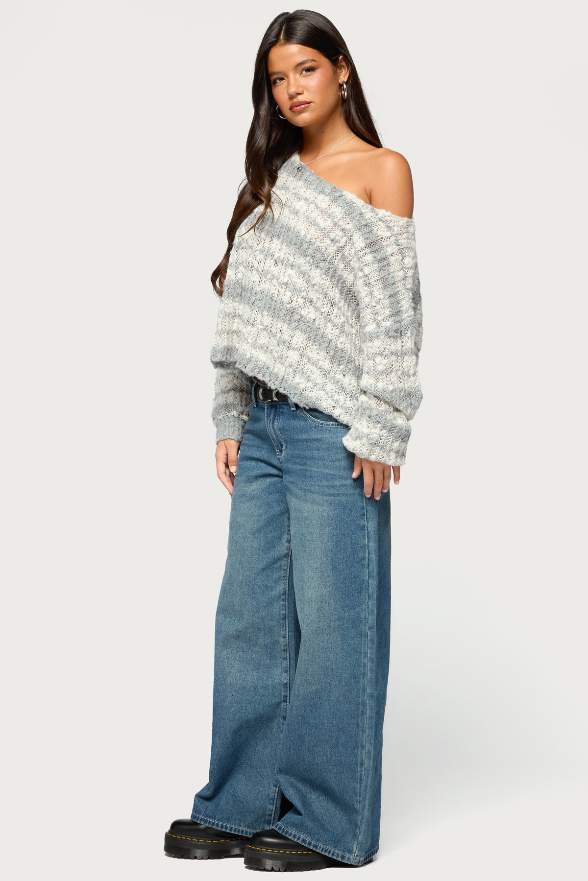 Lanel Striped Knit Sweater - GRAY-AND-WHITE