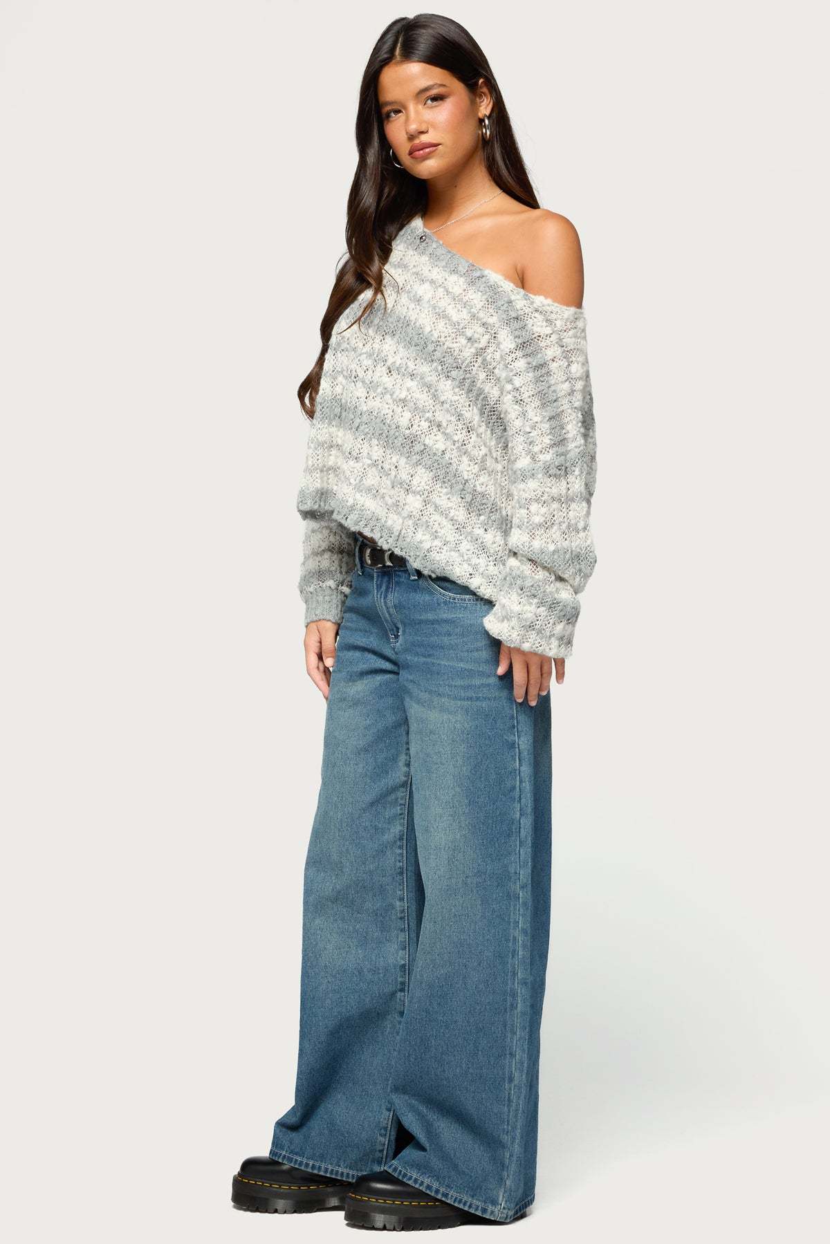 Lanel Striped Knit Sweater - GRAY-AND-WHITE