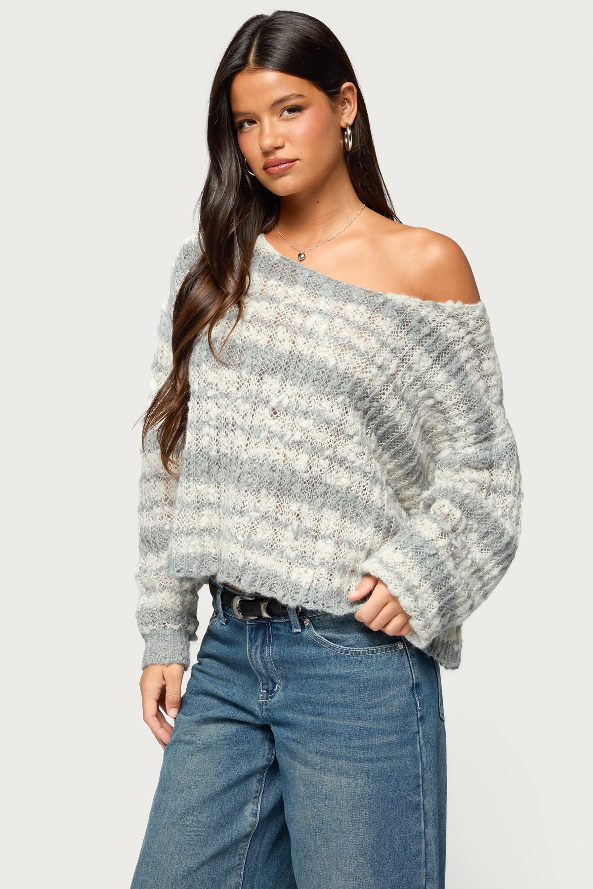 Lanel Striped Knit Sweater - GRAY-AND-WHITE