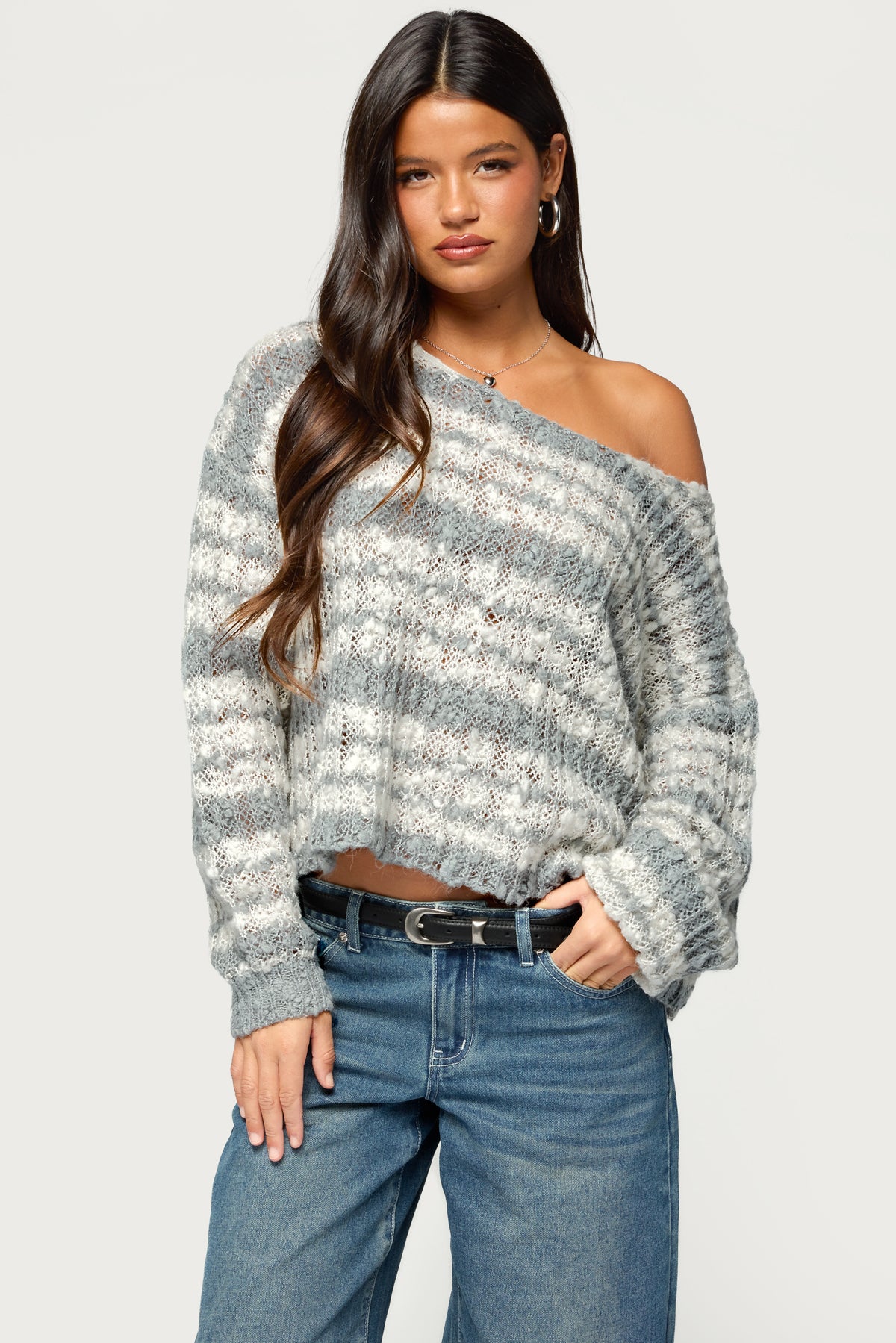 Lanel Striped Knit Sweater - GRAY-AND-WHITE