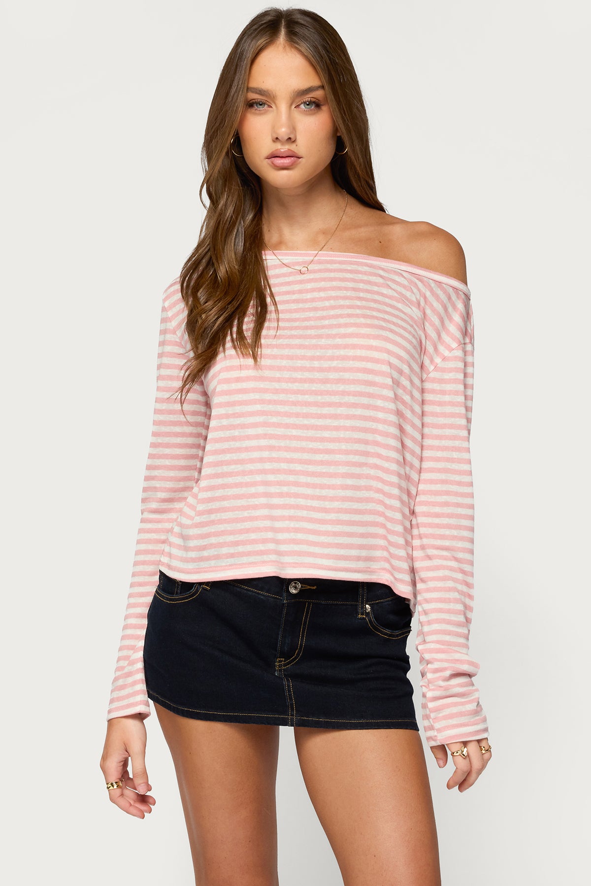 Kathee Striped Off Shoulder Top - PINK-AND-CREAM