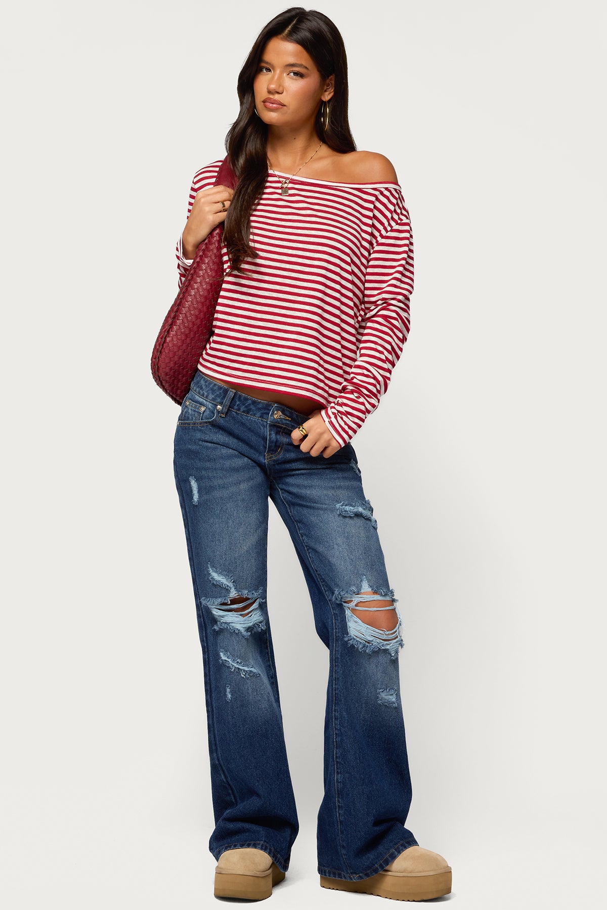 Kathee Striped Off Shoulder Top - RED-AND-WHITE