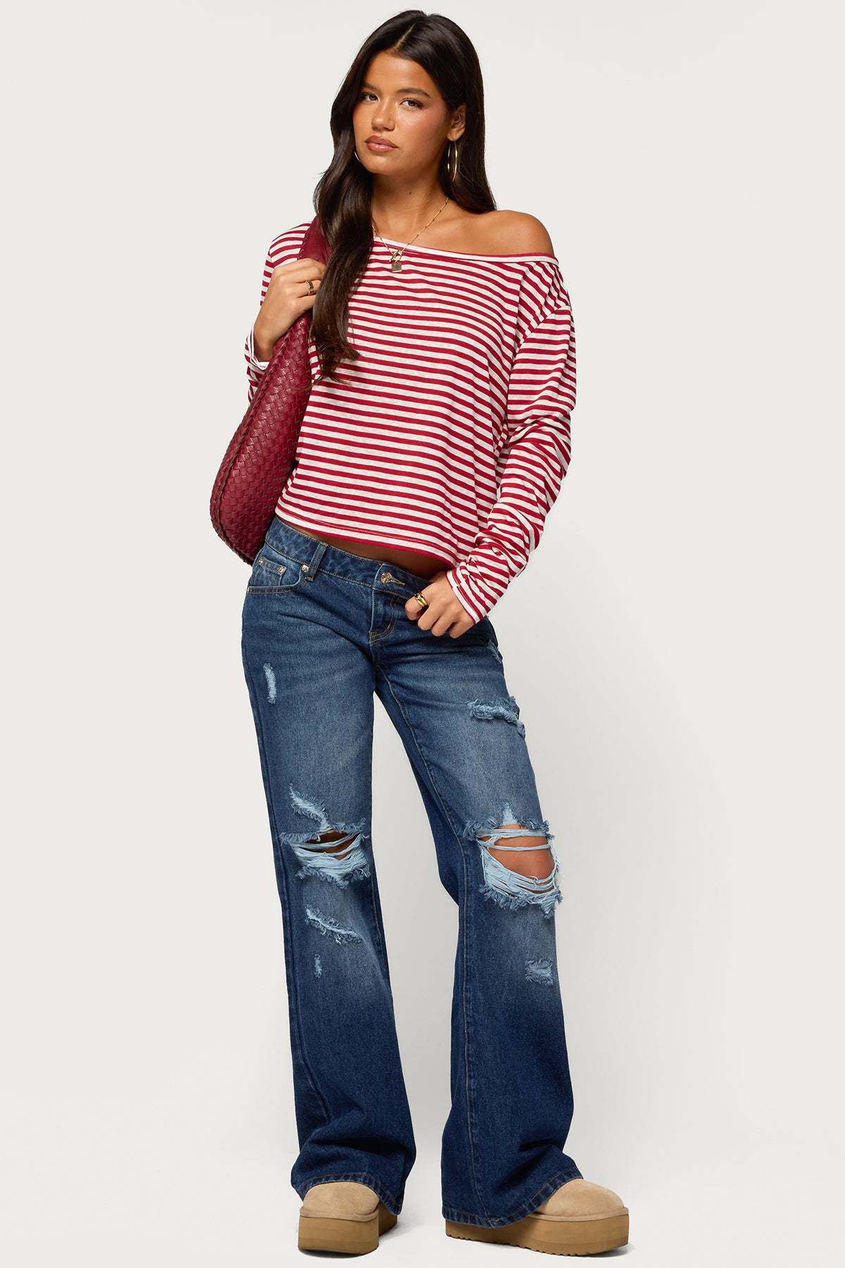 Kathee Striped Off Shoulder Top - RED-AND-WHITE