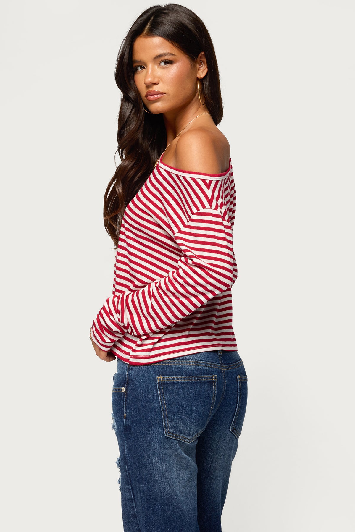 Kathee Striped Off Shoulder Top - RED-AND-WHITE