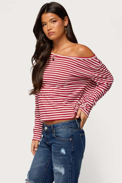 Kathee Striped Off Shoulder Top - RED-AND-WHITE