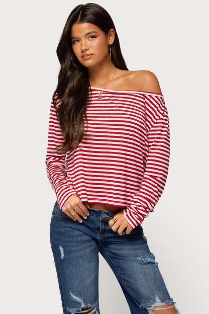 Kathee Striped Off Shoulder Top - RED-AND-WHITE