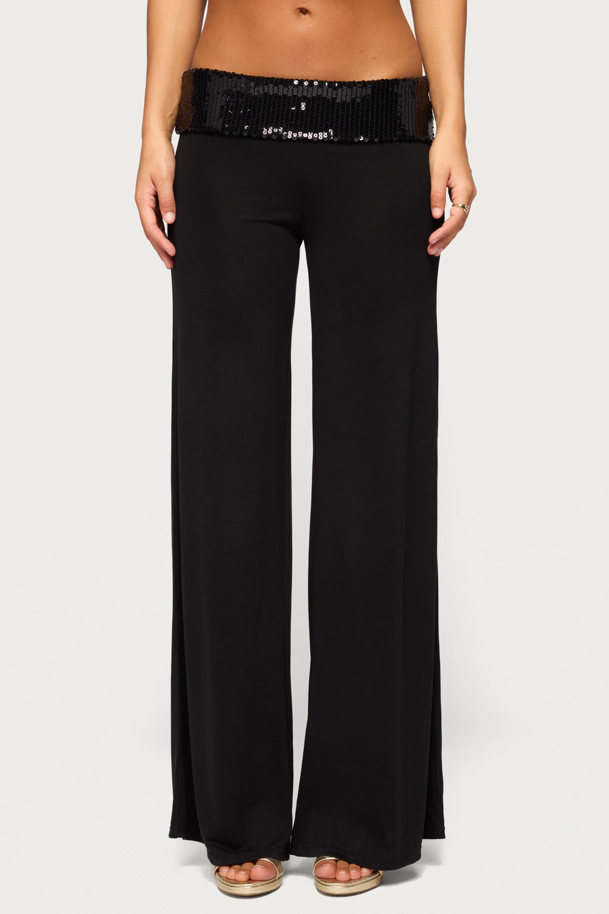 Moni Low Rise Foldover Sequin Pants - BLACK