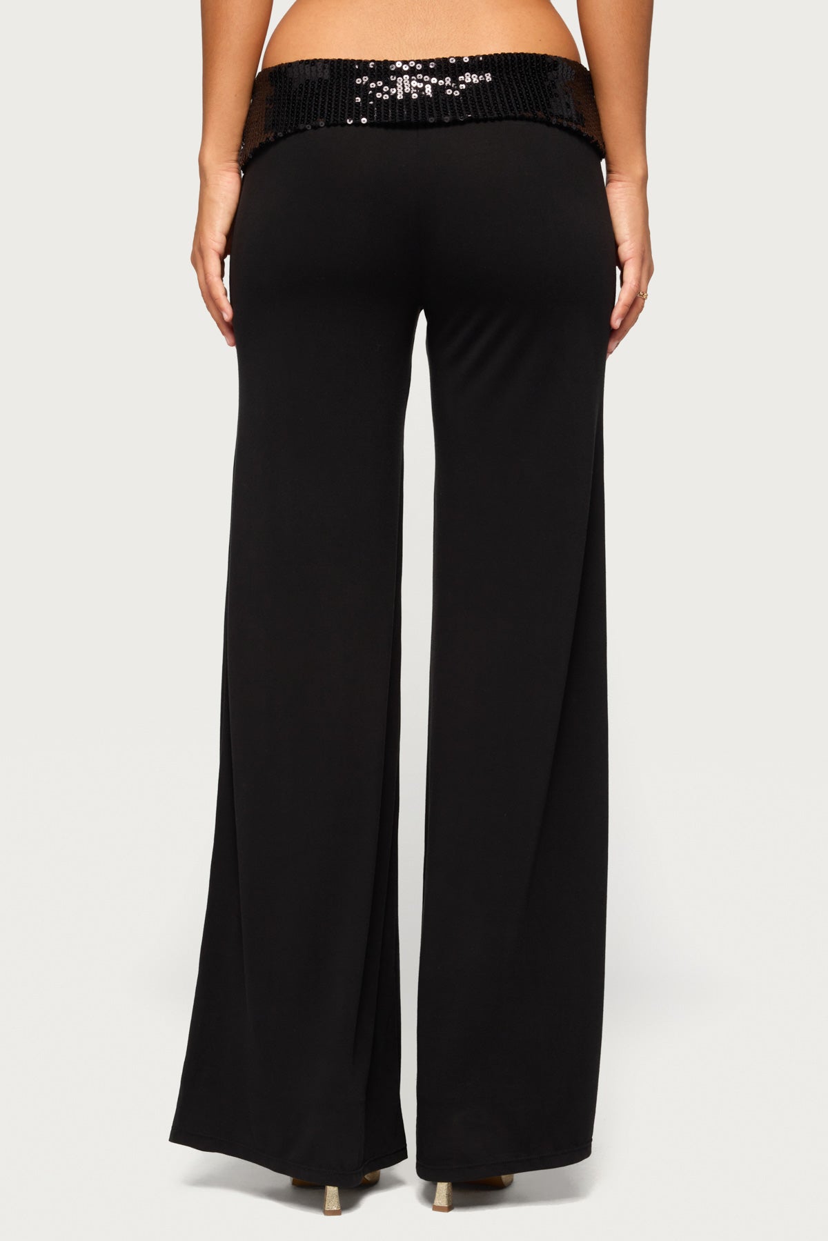 Moni Low Rise Foldover Sequin Pants - BLACK