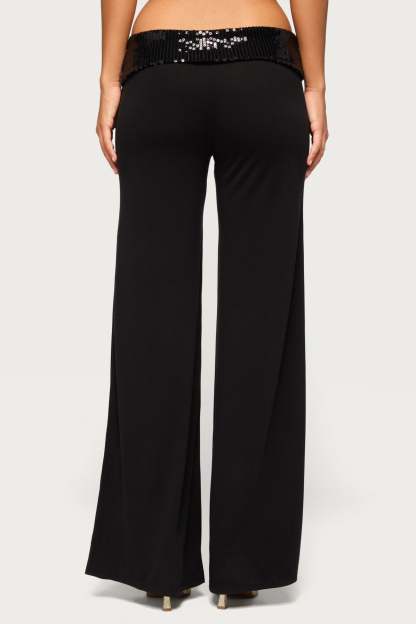 Moni Low Rise Foldover Sequin Pants - BLACK