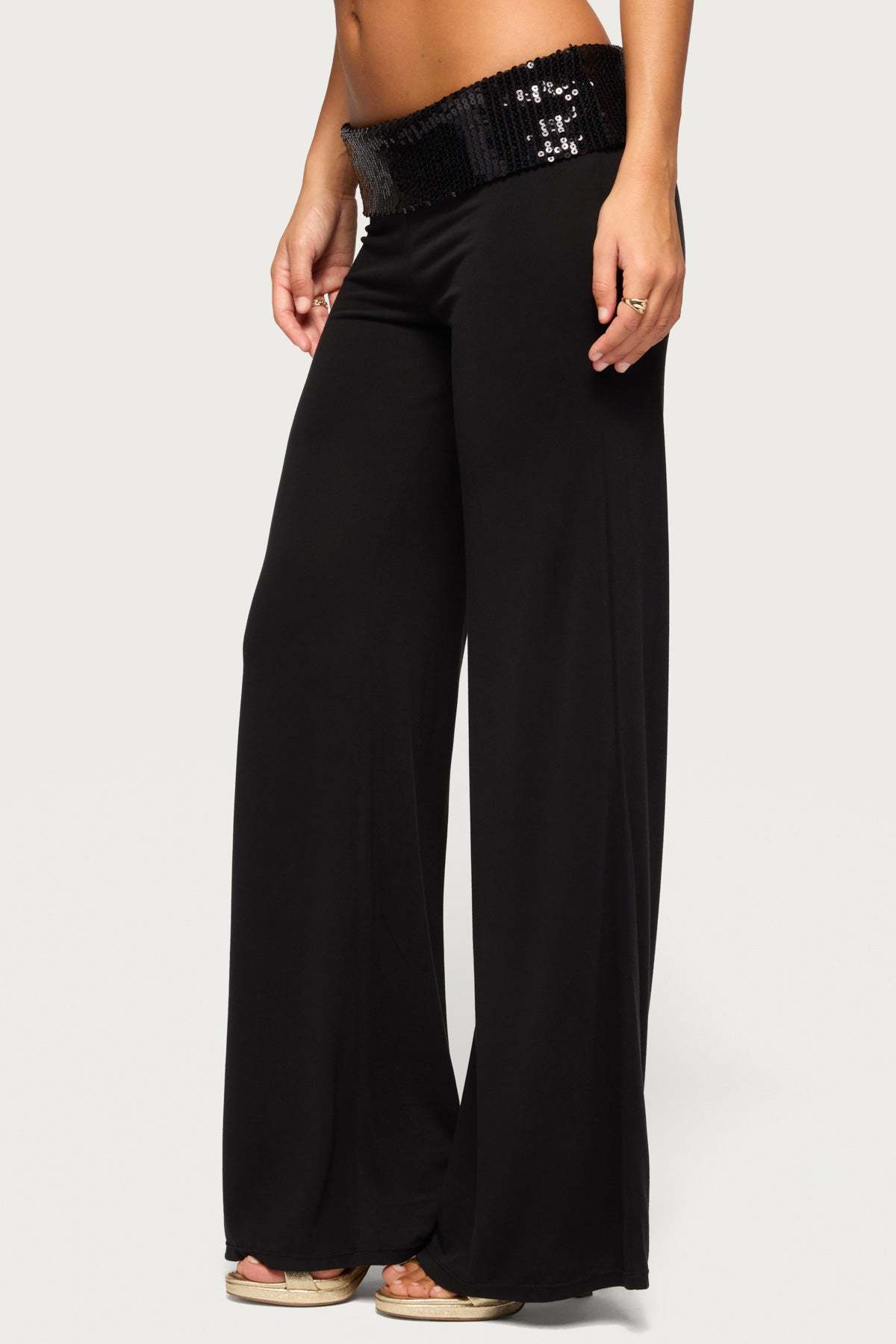 Moni Low Rise Foldover Sequin Pants - BLACK