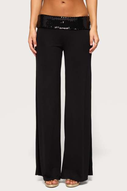 Moni Low Rise Foldover Sequin Pants - BLACK