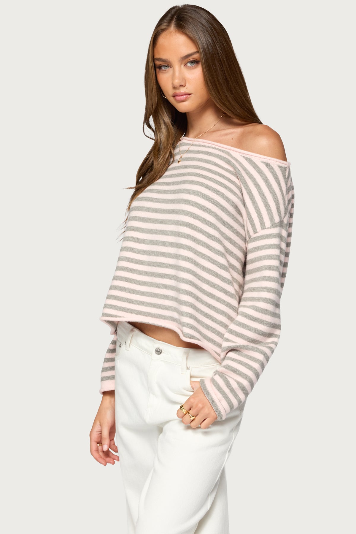 Amita Off Shoulder Striped Sweater - GRAY-MELANGE-AND-LIGHT-PINK