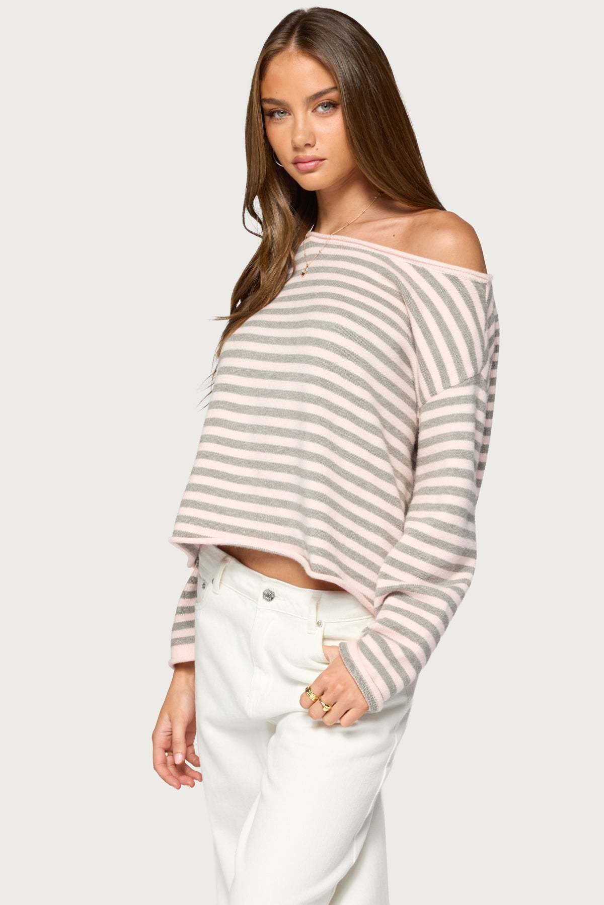 Amita Off Shoulder Striped Sweater - GRAY-MELANGE-AND-LIGHT-PINK