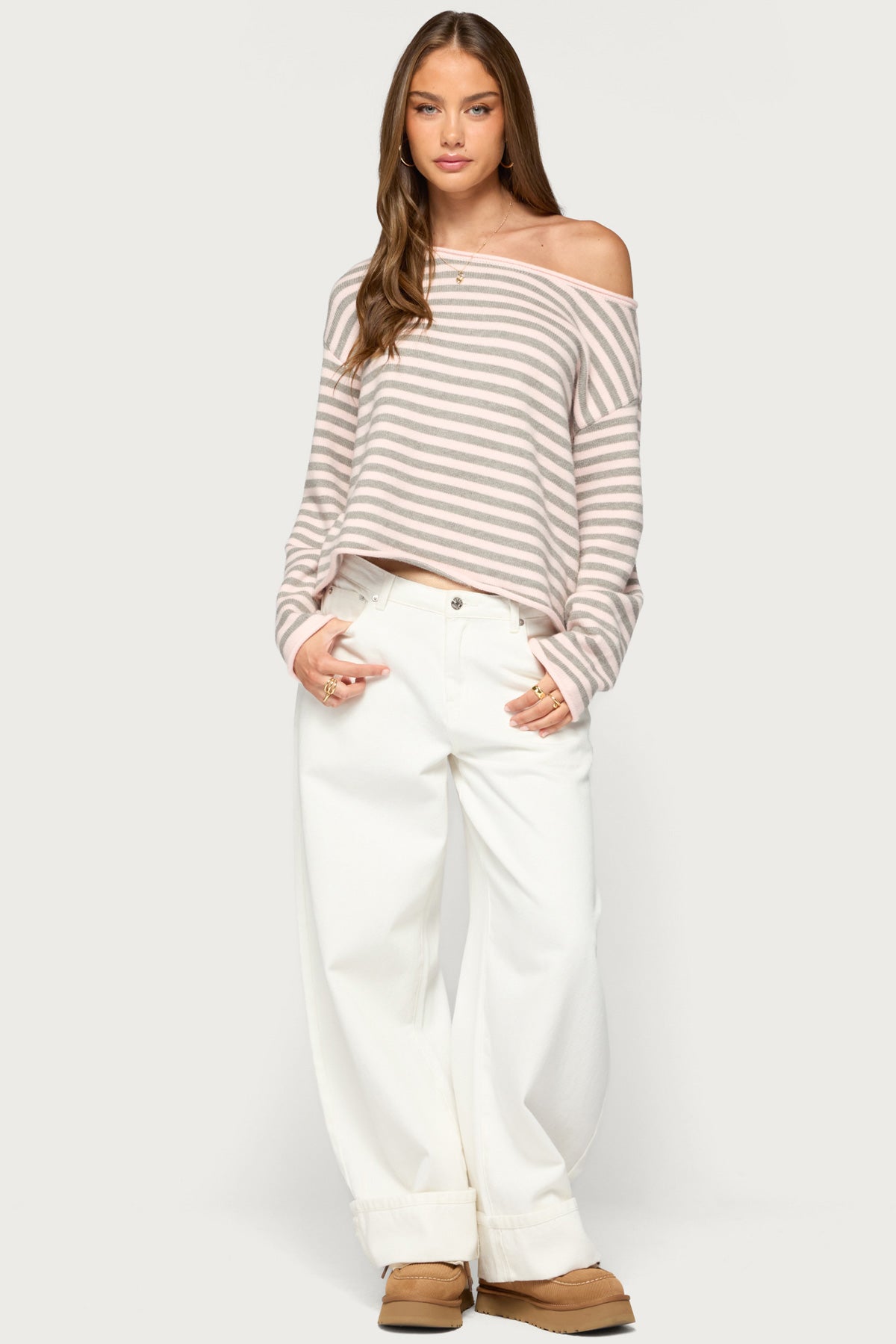 Amita Off Shoulder Striped Sweater - GRAY-MELANGE-AND-LIGHT-PINK