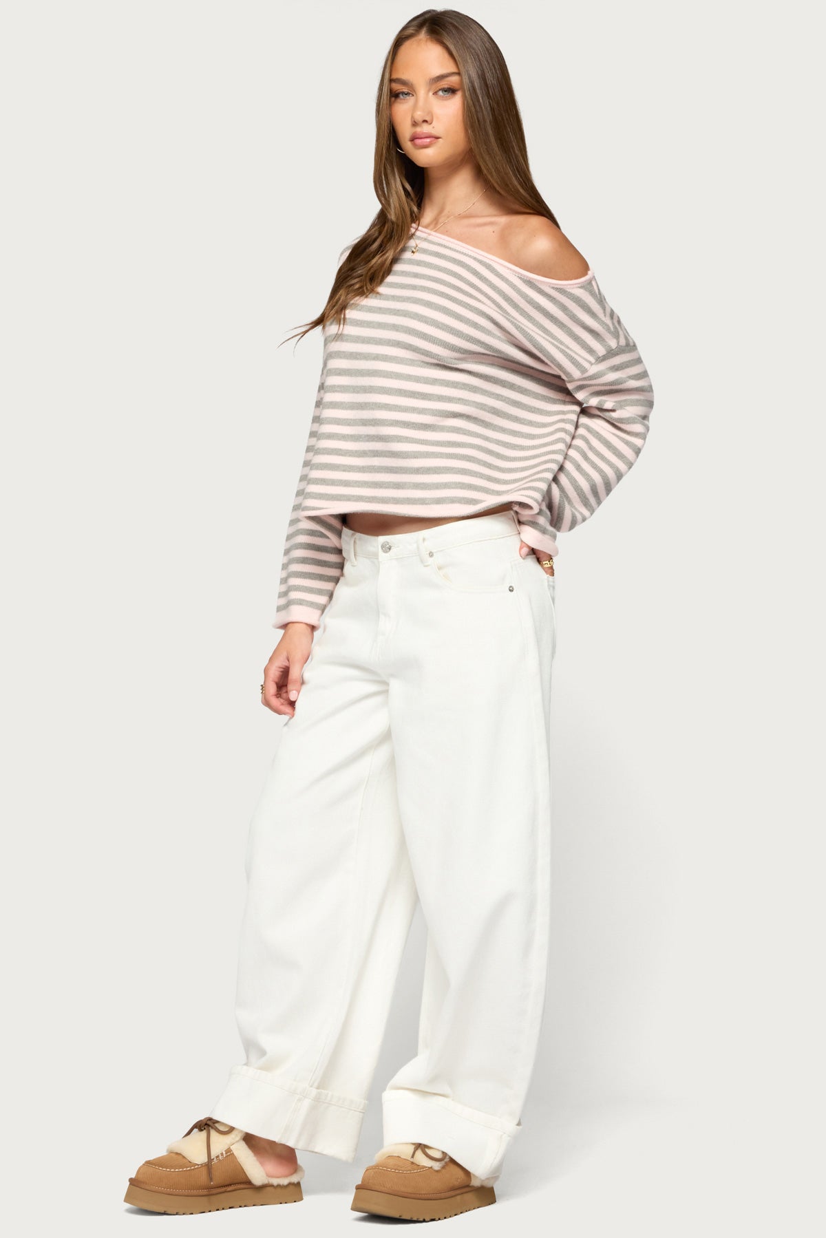 Amita Off Shoulder Striped Sweater - GRAY-MELANGE-AND-LIGHT-PINK