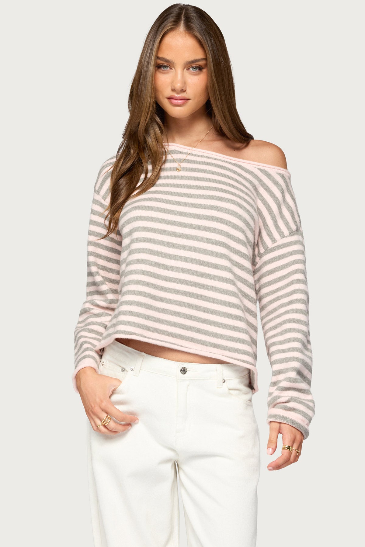 Amita Off Shoulder Striped Sweater - GRAY-MELANGE-AND-LIGHT-PINK