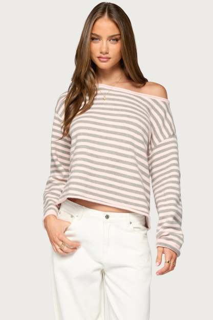 Amita Off Shoulder Striped Sweater - GRAY-MELANGE-AND-LIGHT-PINK