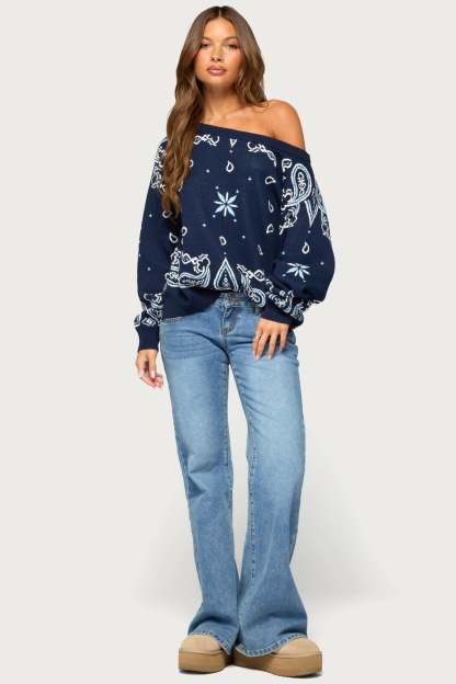 Faiga Off Shoulder Bandana Print Sweater - NAVY