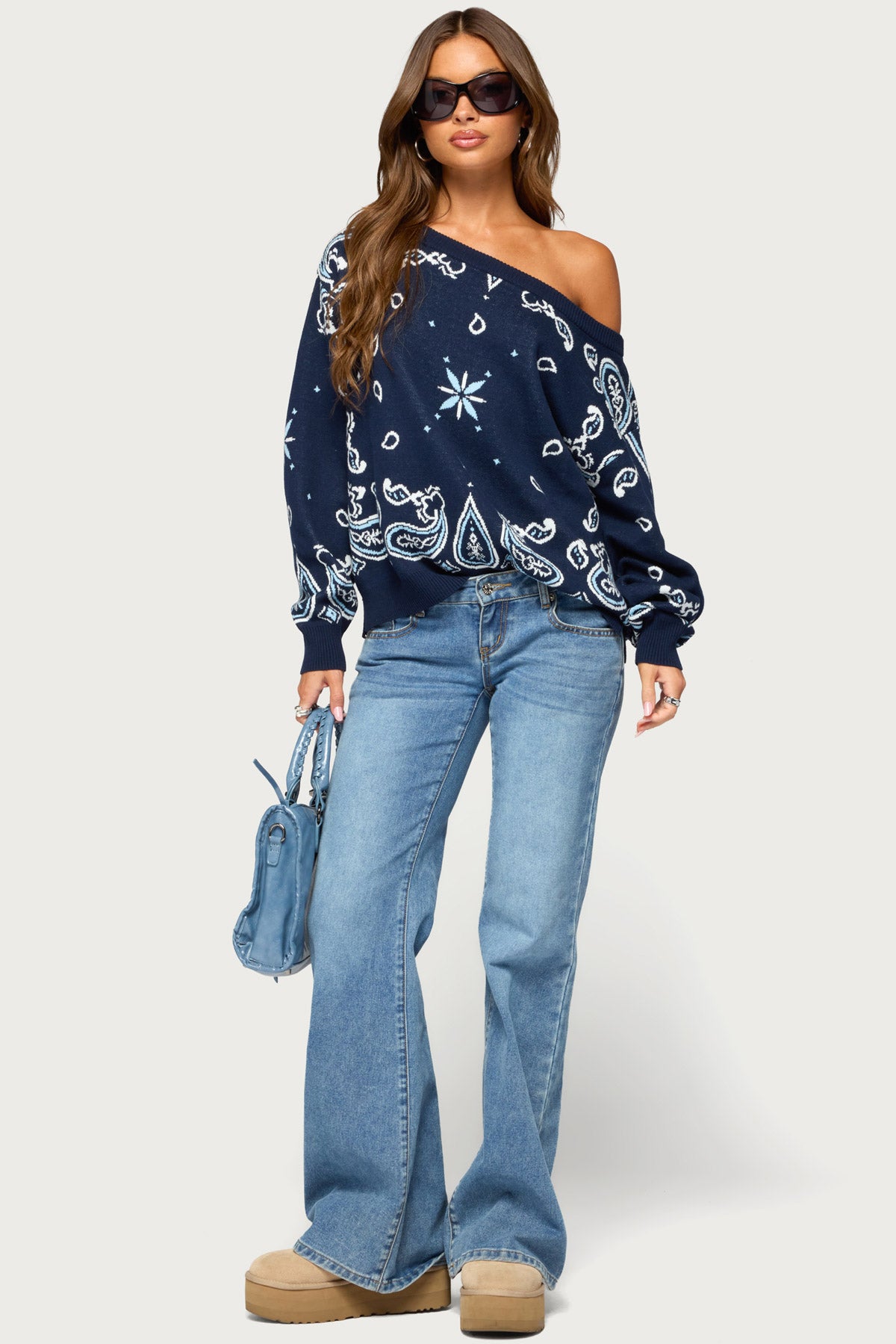 Faiga Off Shoulder Bandana Print Sweater - NAVY