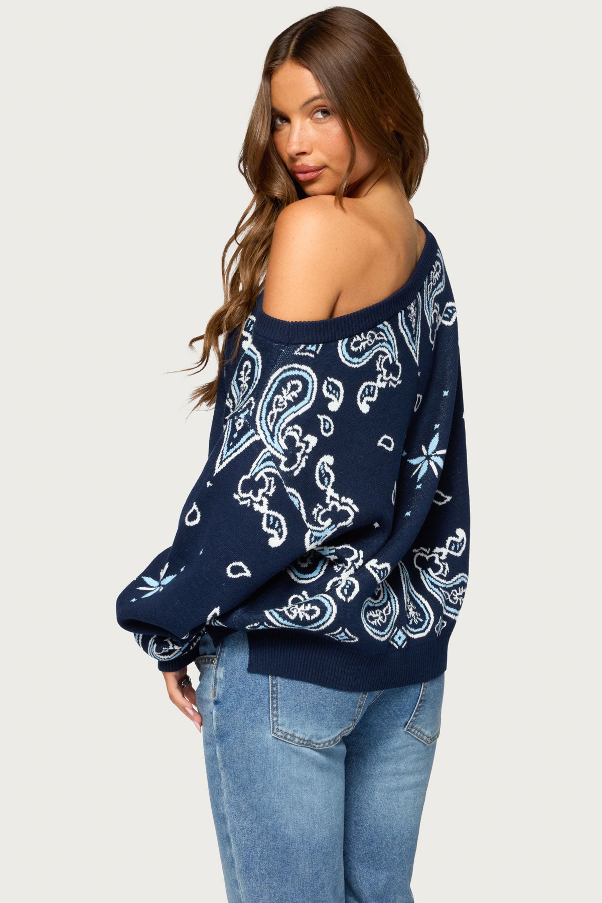 Faiga Off Shoulder Bandana Print Sweater - NAVY