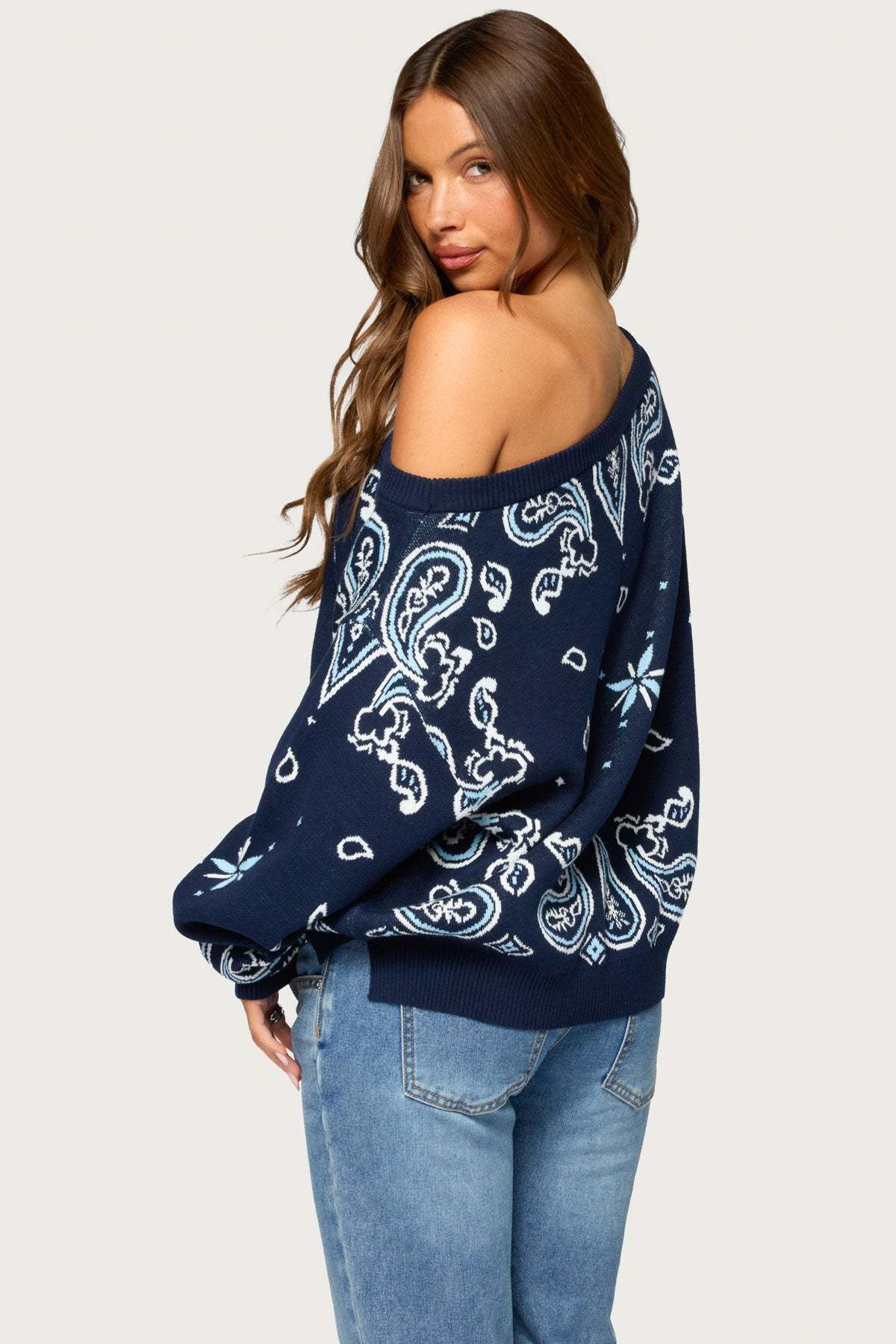 Faiga Off Shoulder Bandana Print Sweater - NAVY