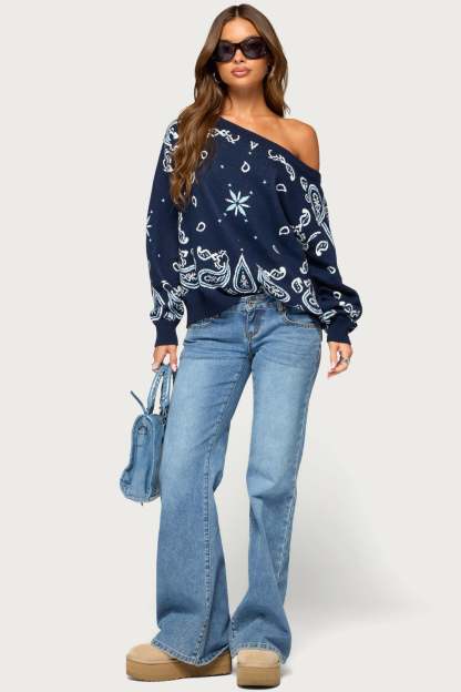 Faiga Off Shoulder Bandana Print Sweater - NAVY