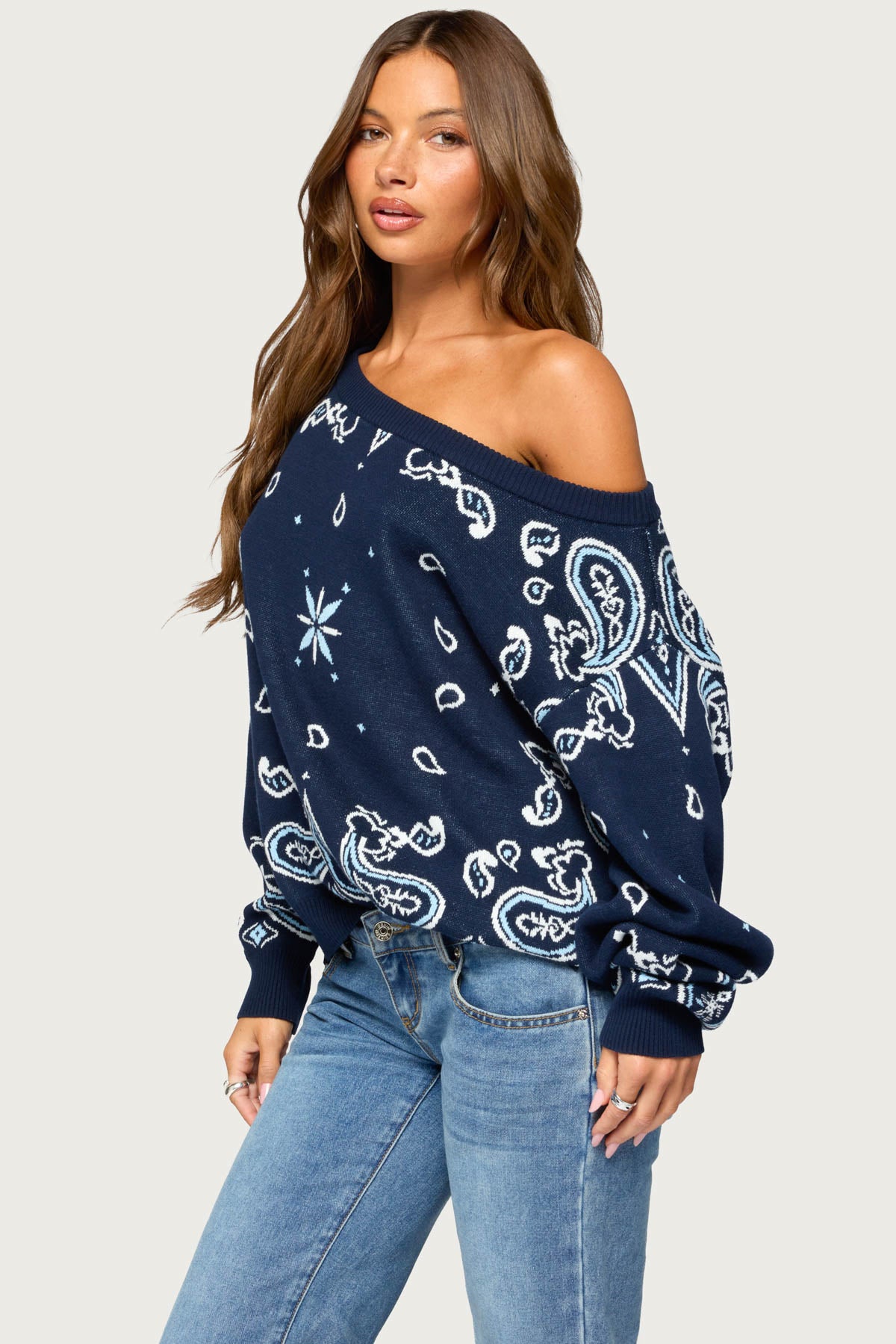 Faiga Off Shoulder Bandana Print Sweater - NAVY